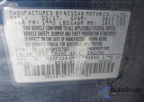 2017 Nissan Sentra S z USA, uszkodzony, nr VIN 3N1AB7AP9HY327987